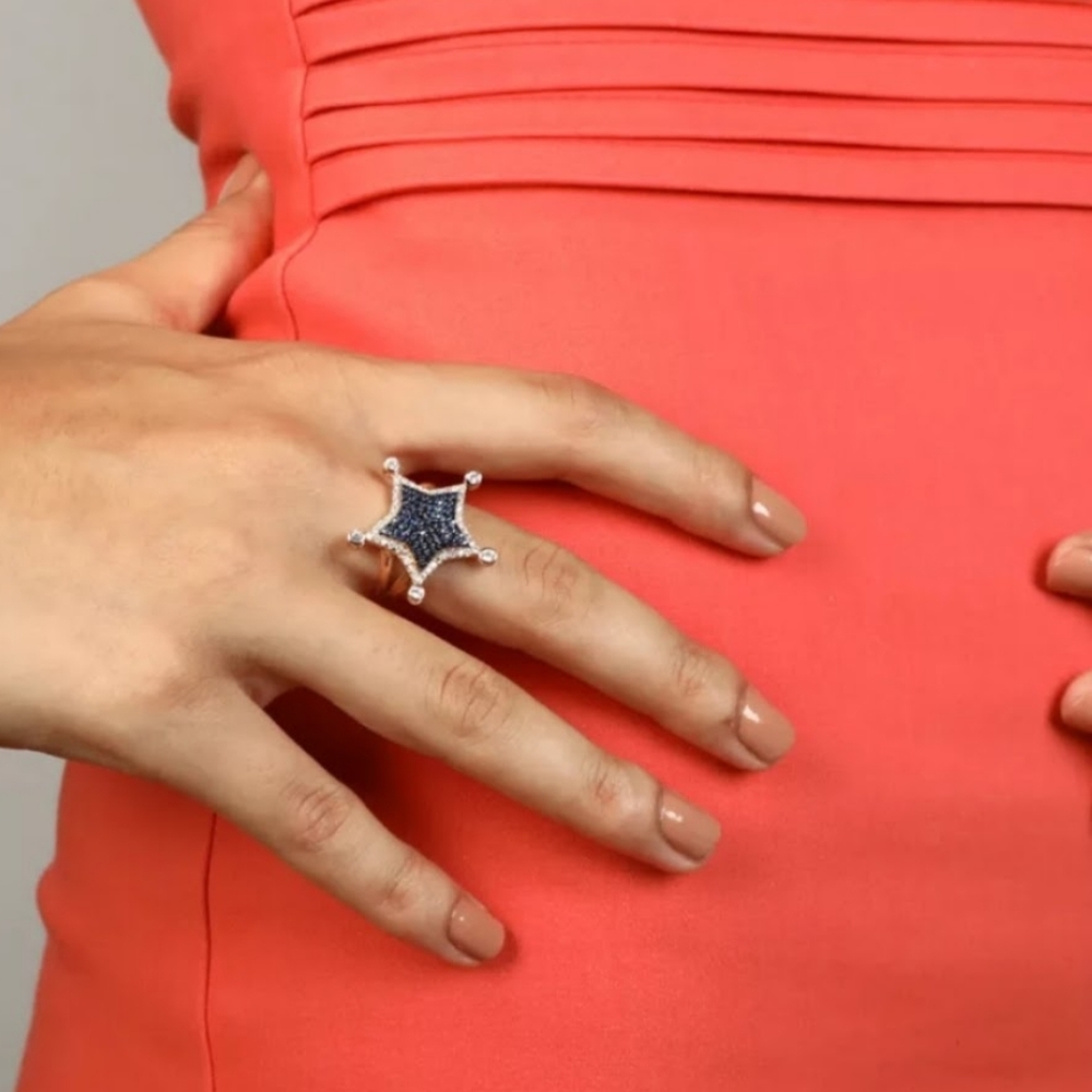Blue & white sapphire rose gold star ring sz7.75 - Picture 4 of 4